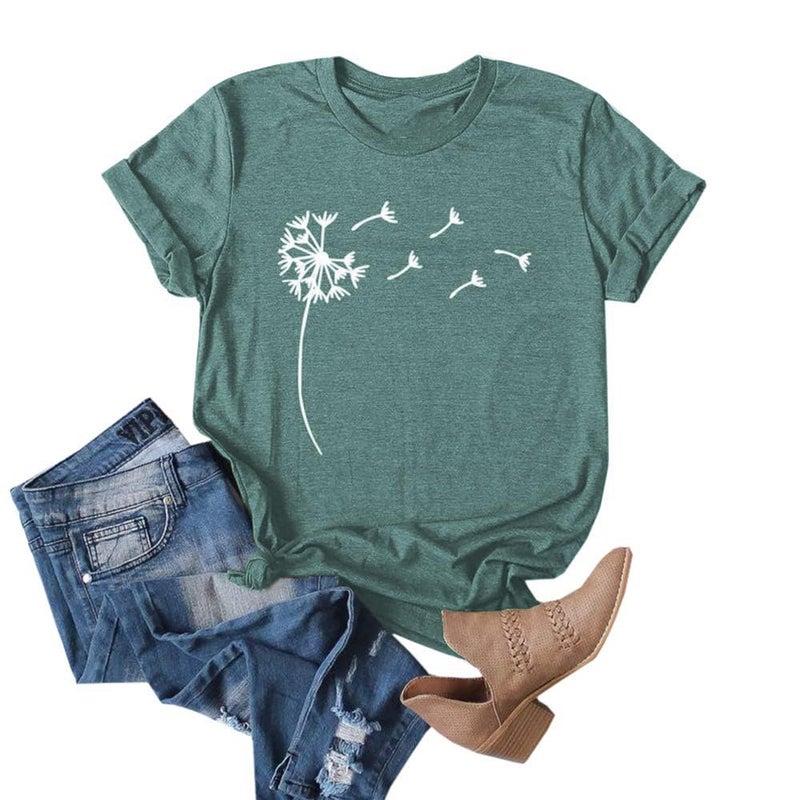 Cicy Bell Women's Dandelion Print T Shirts Cute Graphic Tees Short Sleeve Summer Cotton Tee Tops Green - Image 1